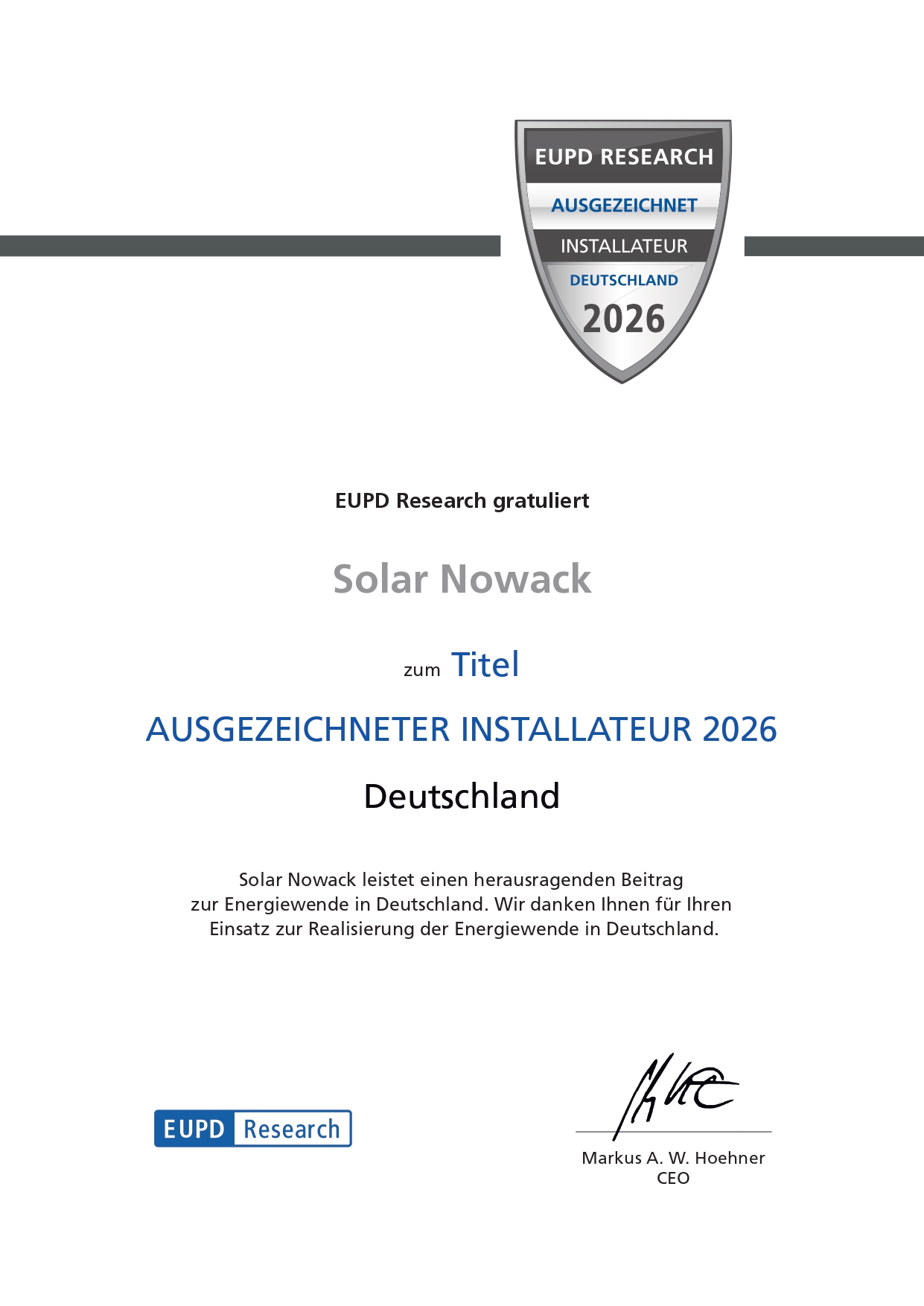 Zertifikat über den EUPD Research Installer Award 2026 für Solar Nowack